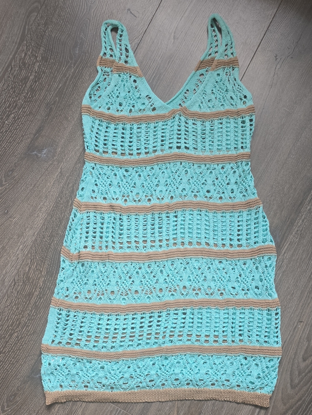 SHEIN Aqua Crochet Beach Cover-Up with Tan Stripes